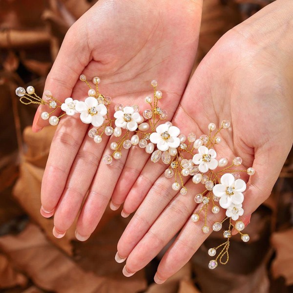 Blomsterbrud Bryllupshårranke Perle Brudes Hodebånd Rhinestones Hår Pust Tilbehør for Kvinner og Jenter  (B Gull)