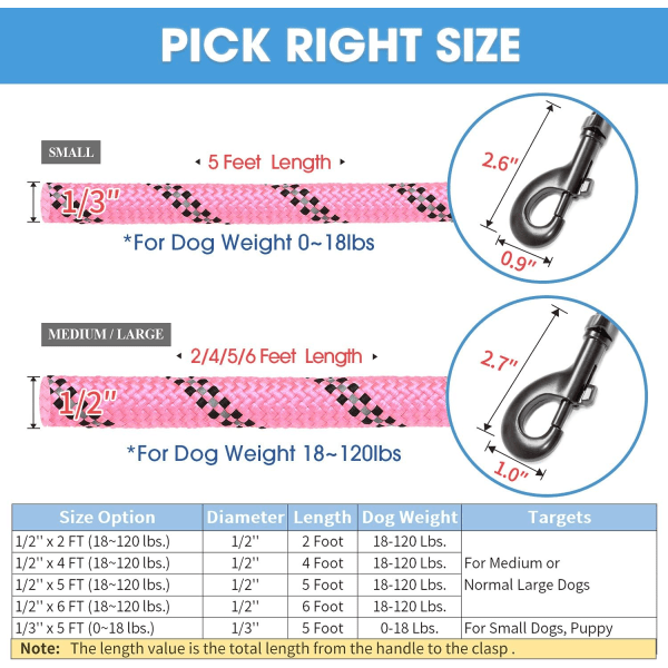 Hundehalsbånd med komfortabelt polstret håndtak og svært reflekterende tråder for små, mellomstore og store hunder (6FT-1/2'', rosa)