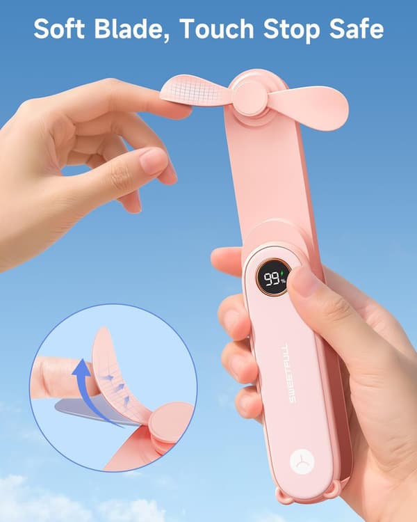 Sød bærbar håndventilator til kvinder, mini lommeventilator med LED-display, 3-i-1 USB genopladelig ventilator med lommelygte og foldbart design Sky blue