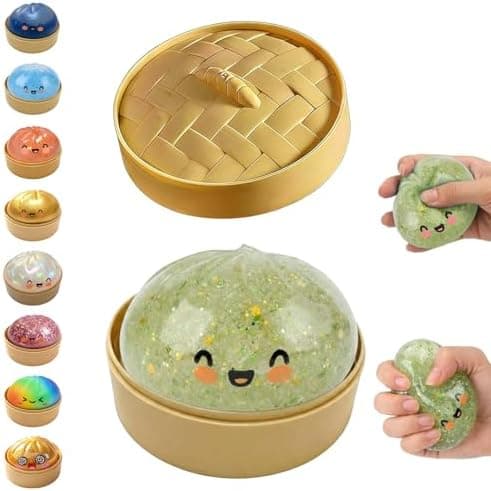 Glitter Dumpling Squishy, Dumpling Squishies, Glitter Dumpling Mystery Box, Farverige Dumpling Stressbolde Fidget, Jumbo Squishy Legetøj med Damperkasse Sæt Glitter Green