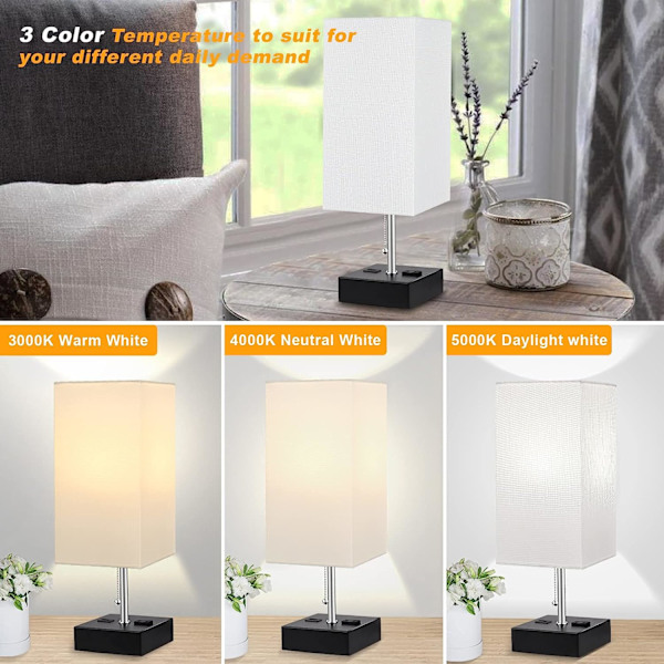 3-Farvet Bedside Lampe med USB Port og AC Stikkontakt Bordlamper til Soveværelse Natbordlamper med Blå Skærm Sort Metal Bedlampe