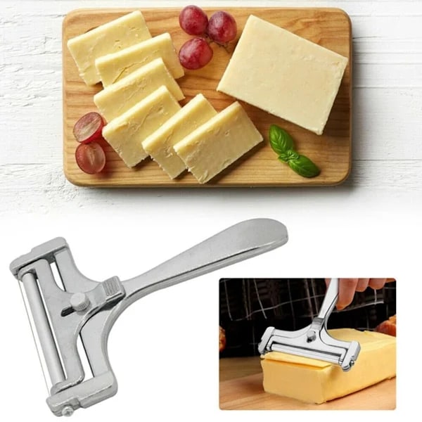 Cheese slicer with roller and cutting wire, variable slice thickness, stainless steel/aluminum, retro design, rotating slice, silver