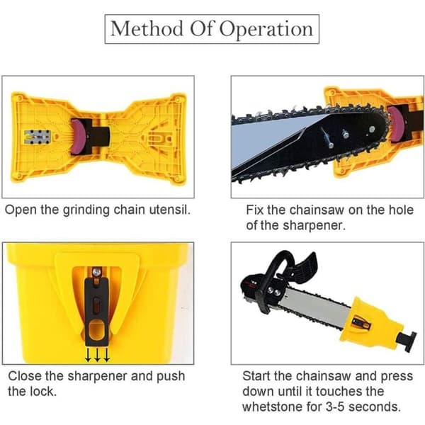 Chainsaw Sharpener. Automatic Sharpener (1 pc). Replaceable Grinding Stone (3 pcs). Adjustable Guide Bar with 2 Guide Holes (yellow)