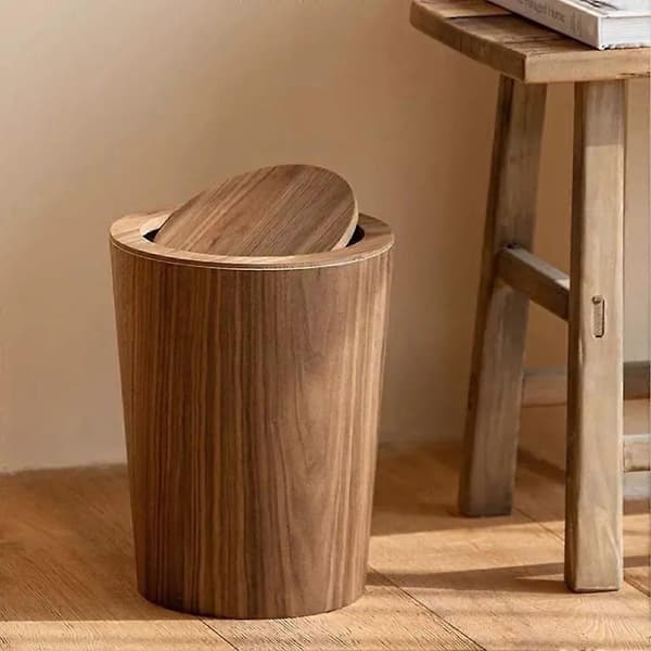 10L Solid Wood Trash Can with Swing Lid - Eco-Friendly Round Waste Bin for Office and Home B