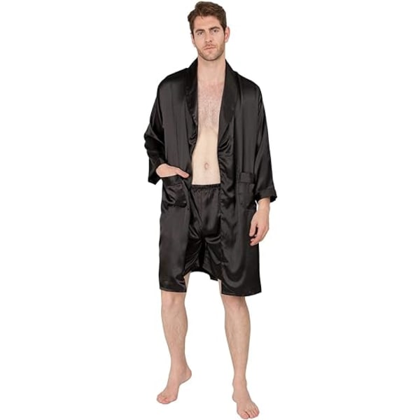 Lyxig kimono för sommar, mjuk satinrock med shorts Nattlinne Långärmad pyjamas med printed badrockar (svart, 3XL) Black 3XL