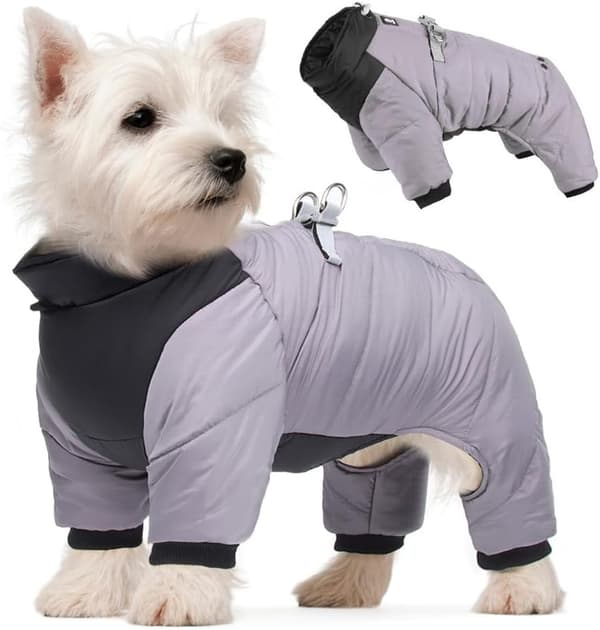 Winter jacket, four-legged dog coat, warm fleece jacket, reflective high-collar coat with harness.
