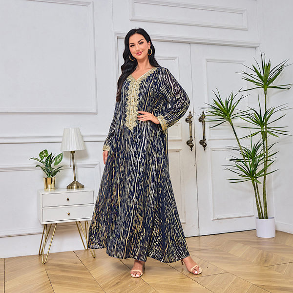 Damekjole V-hals slim fit bundstof varm stempling moderigtig high-end robe (Blå,XL) Blue XL