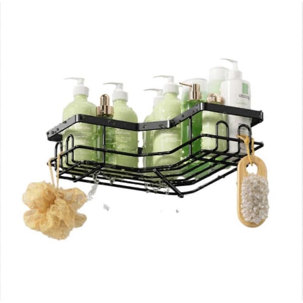 Screw-Free Wall-Mounted Corner Shelf for Bathroom — Carbon Steel Two-Piece Set with Drainage Net