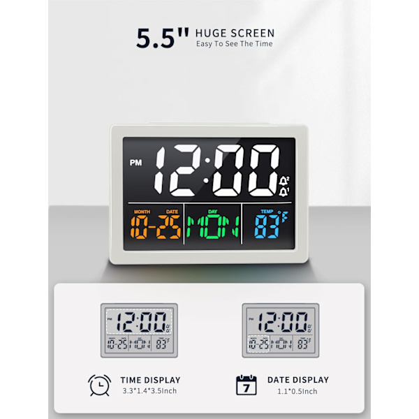 Digitalt vækkeur med 5,5\" stort LED-tidsdisplay, justerbar alarmvolumen, 6 lysstyrkeniveauer, alarminstillinger, ugedag, USB-oplader