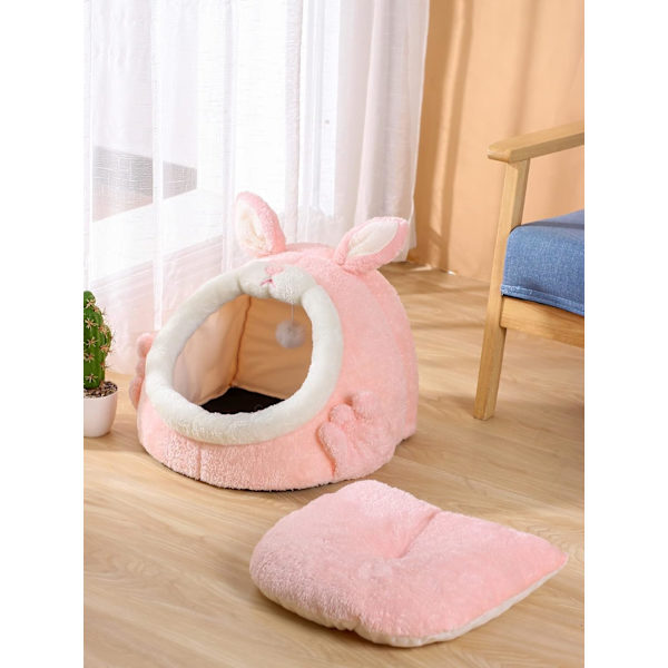 Kattbädd lämplig för inomhuskatter, kattält plyschhus kanindesign kattungebädd med pom poms söt mjuk katthål rosa liten storlek