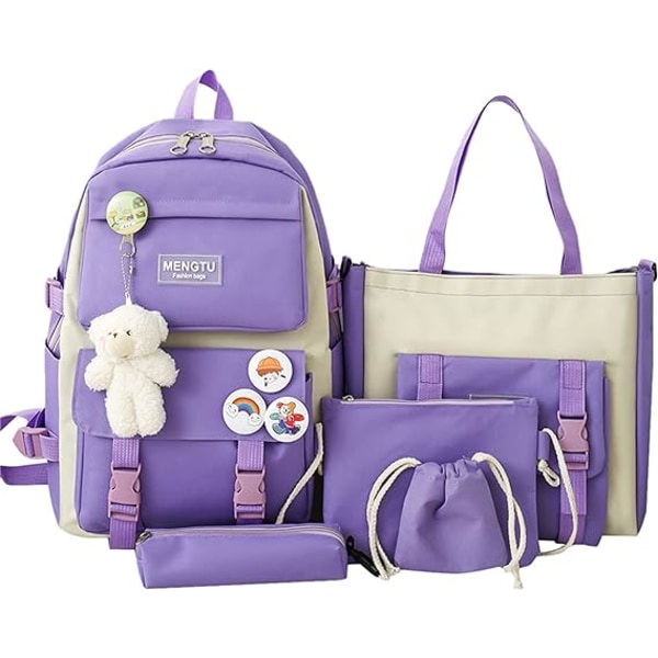 Kawaii Ryggsäck set 5 st Estetiska Skolväska söt ryggsäck set med Hänge Lunchväska, Pennfodral, Handväska, Myntväska