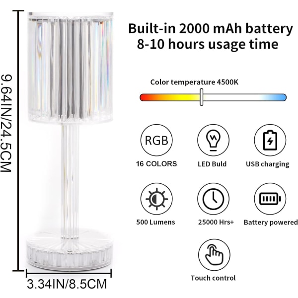 Kristalllampa, 16 RGB Färgväxlande Touch Fjärrkontrolllampa, USB Laddningsbar Diamant Bordlampa för Sovrum Vardagsrum, Modern (16 färger RGB)