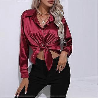 Vår Høst Sateng Bluse Imitert Silke Langermet Skjorte for Dame Plus Size Løse Topper (XL)