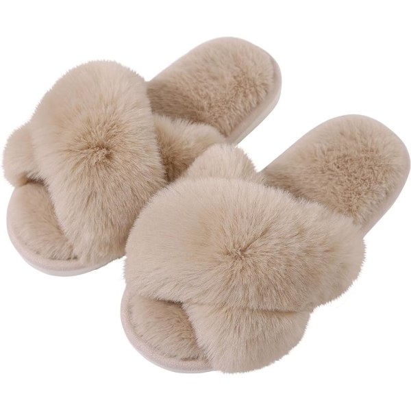 Dames Fuzzy Hjemmesko Krydsbånd Memory Foam Hjemmesko Åben Tå (Størrelse: 7-8)