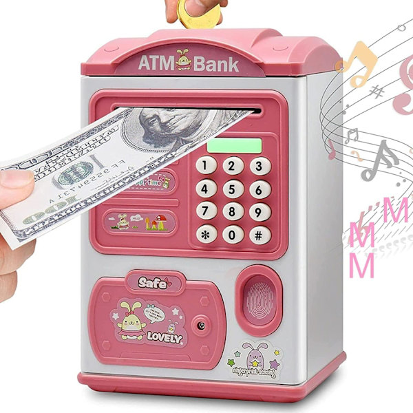 Bank forKids Minibank med fingeravtrykk og passordkode, elektronisk sparebøsse med automatisk pengeinnrulling, bursdags- og julegaver (rosa)