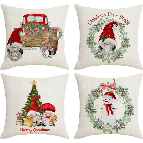 Jul örngott 18 x 18 tum set med 4 jul kuddfodral julgran snöscen lastbil tomten tryck jul prydnadskudde