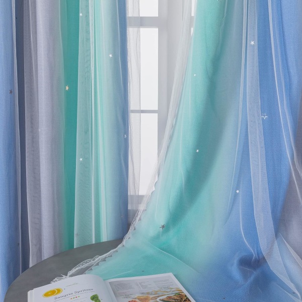 Dream Star Mörkläggningsgardiner för barnrum Girl Princess Gardin för dotter sovrumsfönster (Blågrön Grå, W52 X L96)