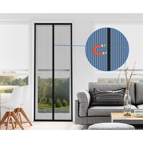110×200cm Magnetisk fönsterdörr myggnät, fluginsektsavvisande gardin, magnetiskt skjutbart burspråk myggnät, svart