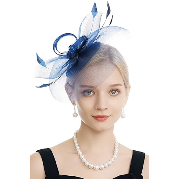Fascinator til kvinder til te-selskab, kirke, cocktail, fjer, slør, pandebånd med hårklemme