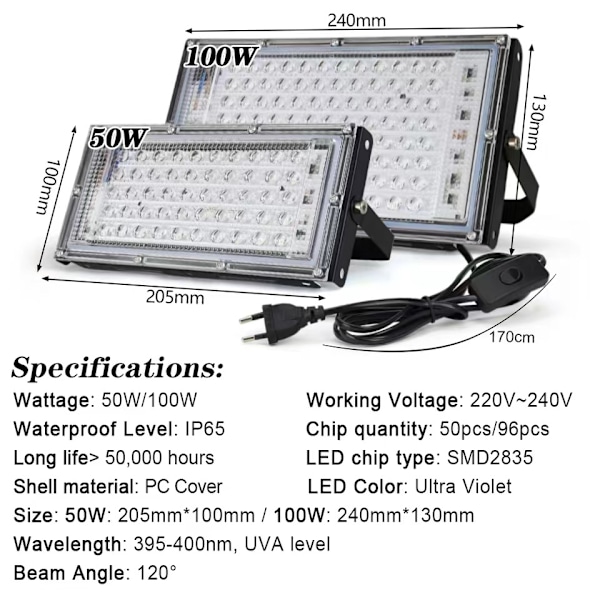 LED Sort Lys Floodlight, 100W UV Sort Lys Lampe med Stik, 96 Sort Lys LED'er med Afbryder, IP65 Vandafvisende UV Floodlight Forlygte [Energiklasse A] 50W