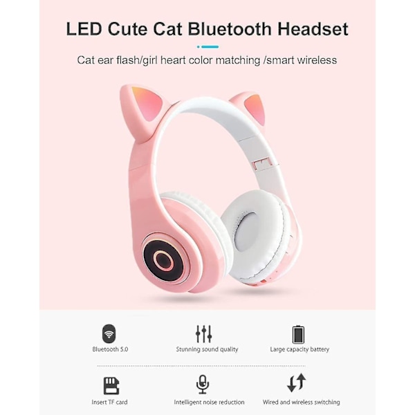 Søte Katteøre Trådløse Hodetelefoner Bluetooth 5.0 Over-Ear Hodetelefoner Svart