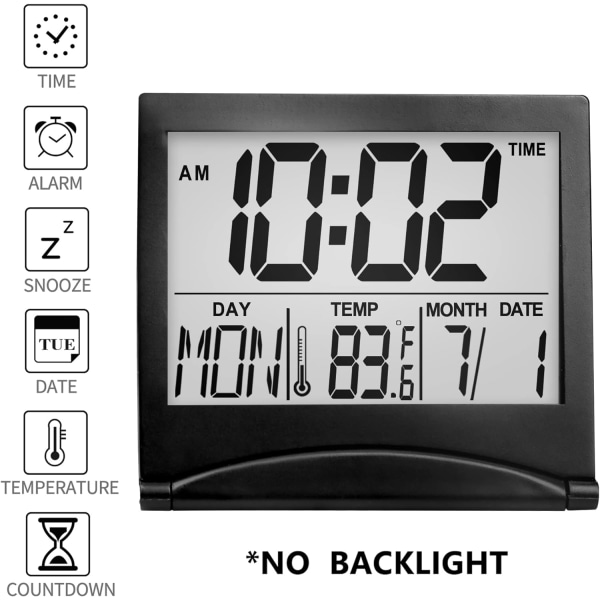 Digital resealarmklocka - Fällbar kalendertemperaturtimer LCD-klocka med snooze-läge - Stor sifferdisplay, batteridriven skrivbordsklocka