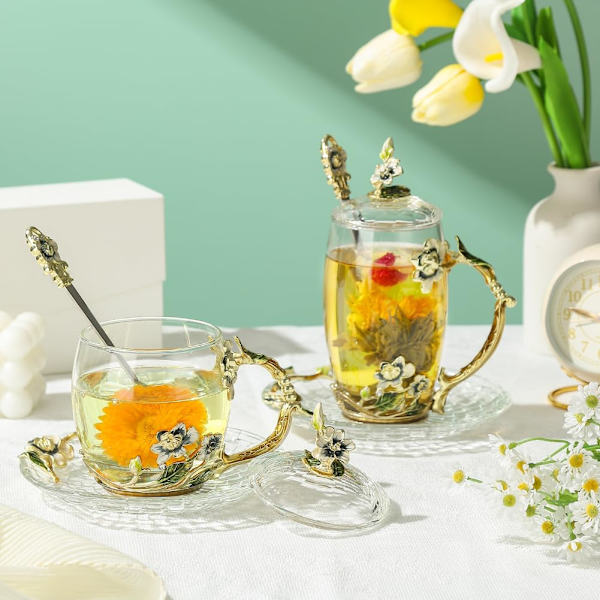 Fancy tekopper Blomster kaffekopper med låg Mors dags gave Fødselsdagsgaver til kvinder Valentinsdag Julegave Jasmin 11oz