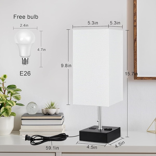 3-Farvet Bedside Lampe med USB Port og AC Stikkontakt Bordlamper til Soveværelse Natbordlamper med Blå Skærm Sort Metal Bedlampe