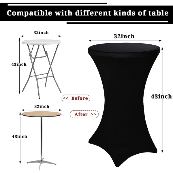 Sett med 3 firkantede hjørne stretch spandex cocktail duker 80x110cm høyt svart tilpasset bord, rund cocktail duk (svart)