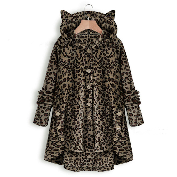 Naisten Trendikäs Epäsäännöllinen Yksivärinen Takki Plussahupun ja Kissankorvilla Leopard dark color L