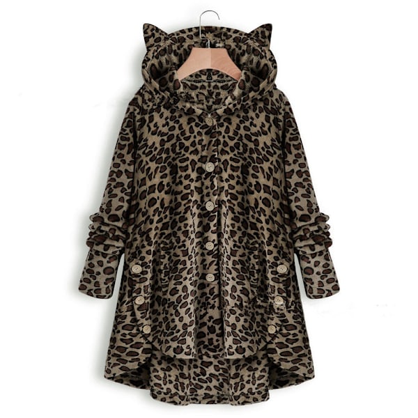 Plysjakke med katteører, uregelmæssig trendy ensfarvet jakke til kvinder Leopard dark color 3XL