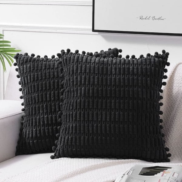 2-pack svarta kuddfodral, 45x45 cm, med pompom, lämpliga för soffa säng vardagsrum, mjuk manchester söt fyrkantig kuddfodral