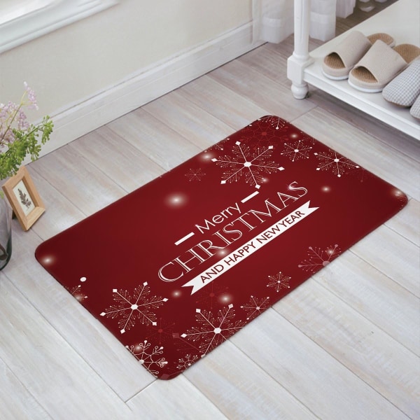 Christmas Theme Shining White Snowflake Merry Christmas and Happy New Year Red Doormat Entrance Mat Indoor/Outdoor Door Mats Floor Mat Rug Mat 16x24in