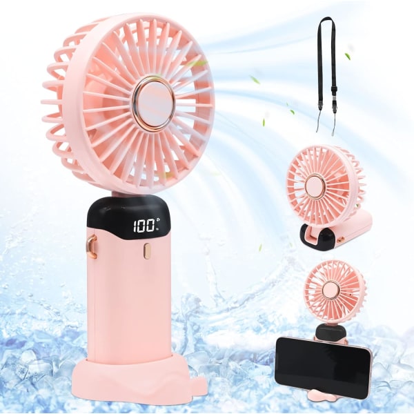 Handheld Fan, Portable Fan, USB Rechargeable Mini Fan with 5 Speeds, Portable Fan Handheld with Power Display, Desk Fan Foldable with Lanyard and Base