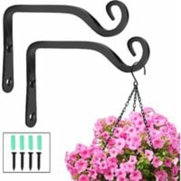 Väggmonterade krokar, metall smidesjärn hängande korgfästen tillbehör för fågelmatare, växter, lyktor, vindspel, svart (2-pack)