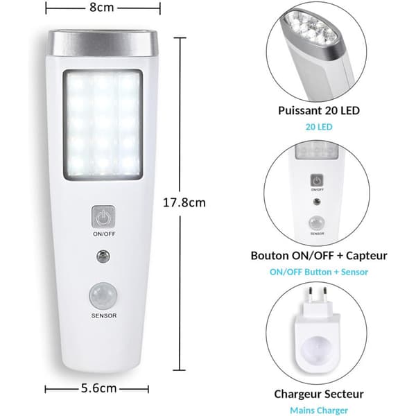 Rechargeable LED Flashlight with 60° Motion Sensor – 15 Ultra-Bright LEDs – 250 mAh Lithium Battery – 2-3 Hours Illumination