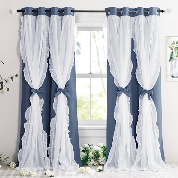 Dekorative franske landlige gardiner med elegant design og knytebånd, 132,08 cm B x 213,36 cm L, blå tåke, 2 deler