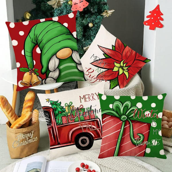 Jul kuddfodral 18 * 18 tum linne kuddfodral örngott jultomten röd blomma grön vintersemester hem soffa sovrum set om 4(JYM208)
