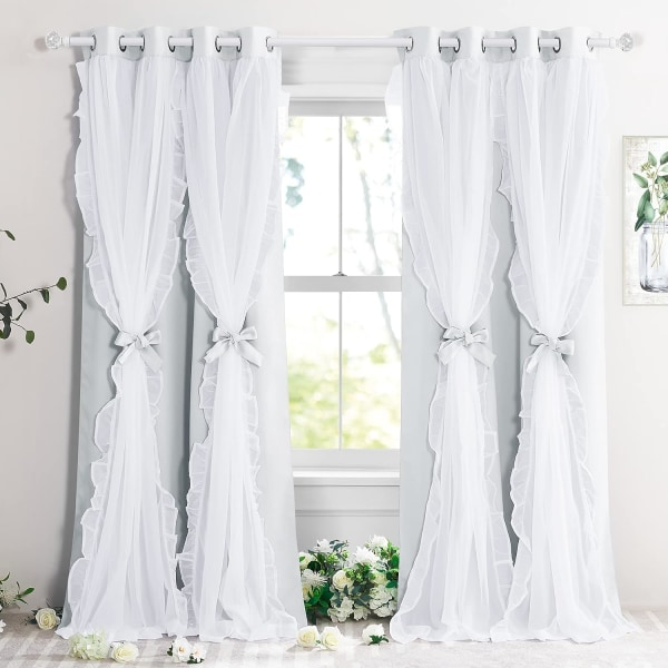 Hvid plisseret transparent gardin med slips, fransk landlig stil gardiner soveværelse indretning, 52\" x 84\" 132,08 cm B x 213,36 cm L, Off-White, 2 stykker