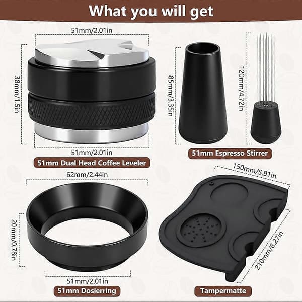 4 STK 51mm Kaffetamper Sæt, Espresso Tilbehørssæt med Kaffedistributør & Tamper Leveler & WDT Værktøj & Tamper Måtte