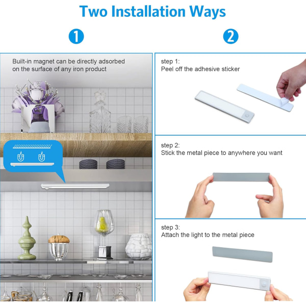 Nyeste bevegelsessensor skaplys, 2-pakning 30-LED trådløs USB oppladbar under skapbelysning, under skaplys (varm hvit)