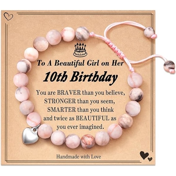 4-21 år gamla födelsedagspresenter till flickor, rosa zebra naturstensarmband med söthjärtad berlock och meddelandekort för dotter/barnbarn/brorsdotter (10:e)