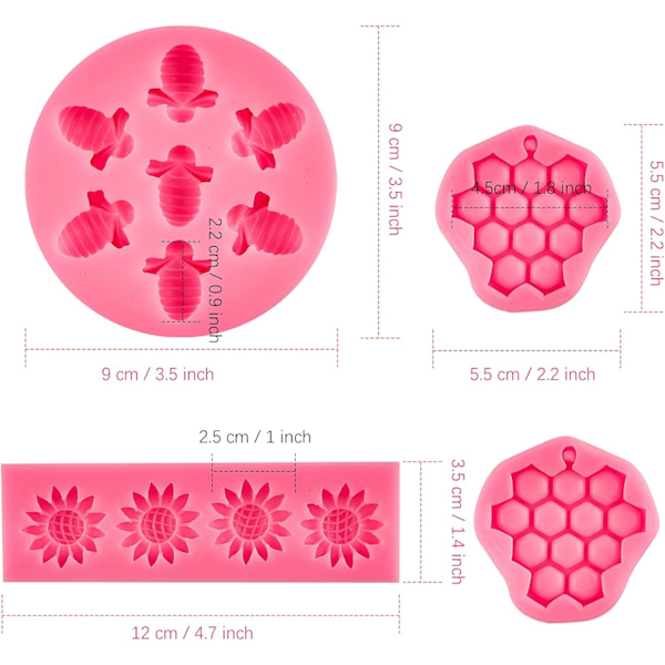 4 stk. silikoneforme i form som humlebi, honningkage og solsikke til dekoration af cupcakes, kager, sukker, chokolade og slik