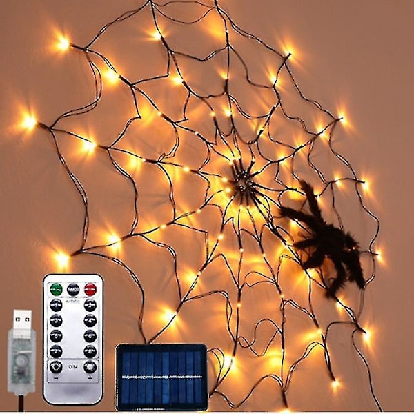Edderkoppespindlys med plys-edderkop til Halloween-dekorationer, 60 LED (varm hvid) (1 stk)