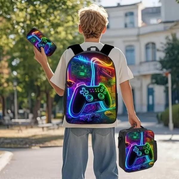 3-piece backpack for boys, with lunch bag and pencil case, gaming backpack for students