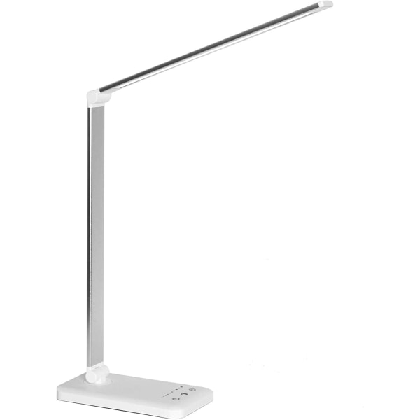 LED-skrivbordslampa/bordslampa, dimbar läslampa med USB-laddningsport, 5 belysningslägen, känslig kontroll, 30/60 minuters automatisk avstängningstimer (silver)