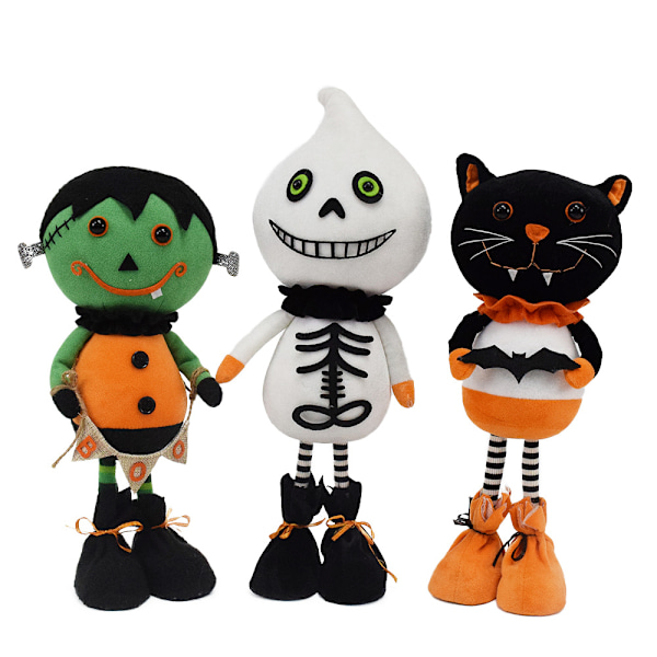3 Halloween-dukkepynt Frankenstein, hvit spøkelse, svart katt
