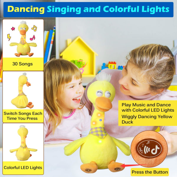 13" Talking Dancing Duck, Repeterar vad du säger Härmar Inspelning Plysch Baby Toy Musikal Engelsk sång Sång Pratar Glödande Animerad
