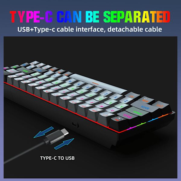 V800 68-tasters mekanisk spilltastatur, flerfarget LED-bakgrunnsbelyst kablet tastatur, støtter akseutskifting, egnet for WinXP/10/11, MAC, Linux (blå akse) GrayBlack