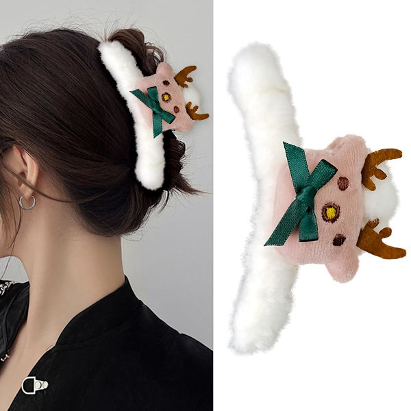 Juleplys Stor Hårklemme Hvid Plys Hårklemme Elk 4,4 Tommer Halv Knold Hårklemme Klo Hårklemme Julepynt til Kvinder og Piger 1 Styk